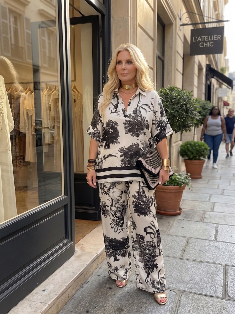 Mina | Conjunto de Pierna Ancha con Top Cruzado Estampado