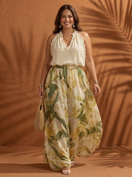 Solange | Conjunto Blusa Halter Floral y Pantalón Ancho