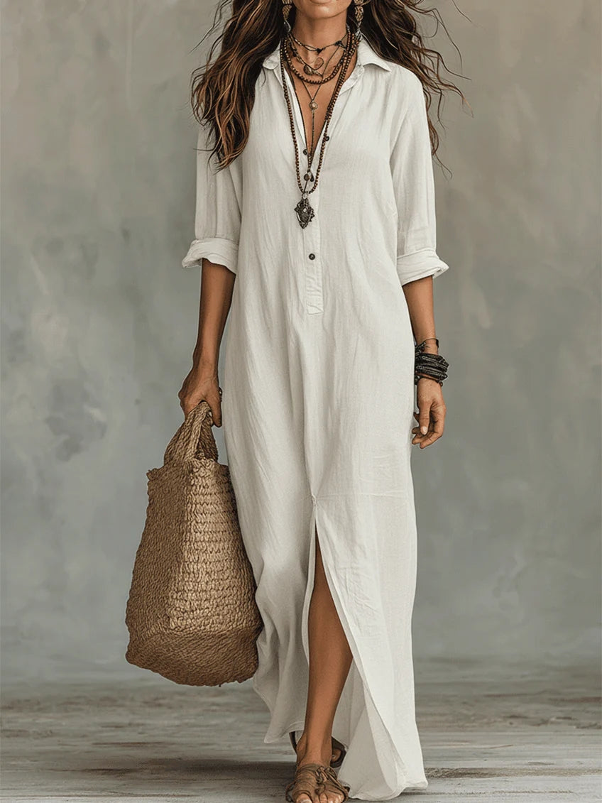 Soline™ | Vestido Maxi Botonero con Escote en V Relajado