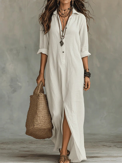 Soline™ | Vestido Maxi Botonero con Escote en V Relajado