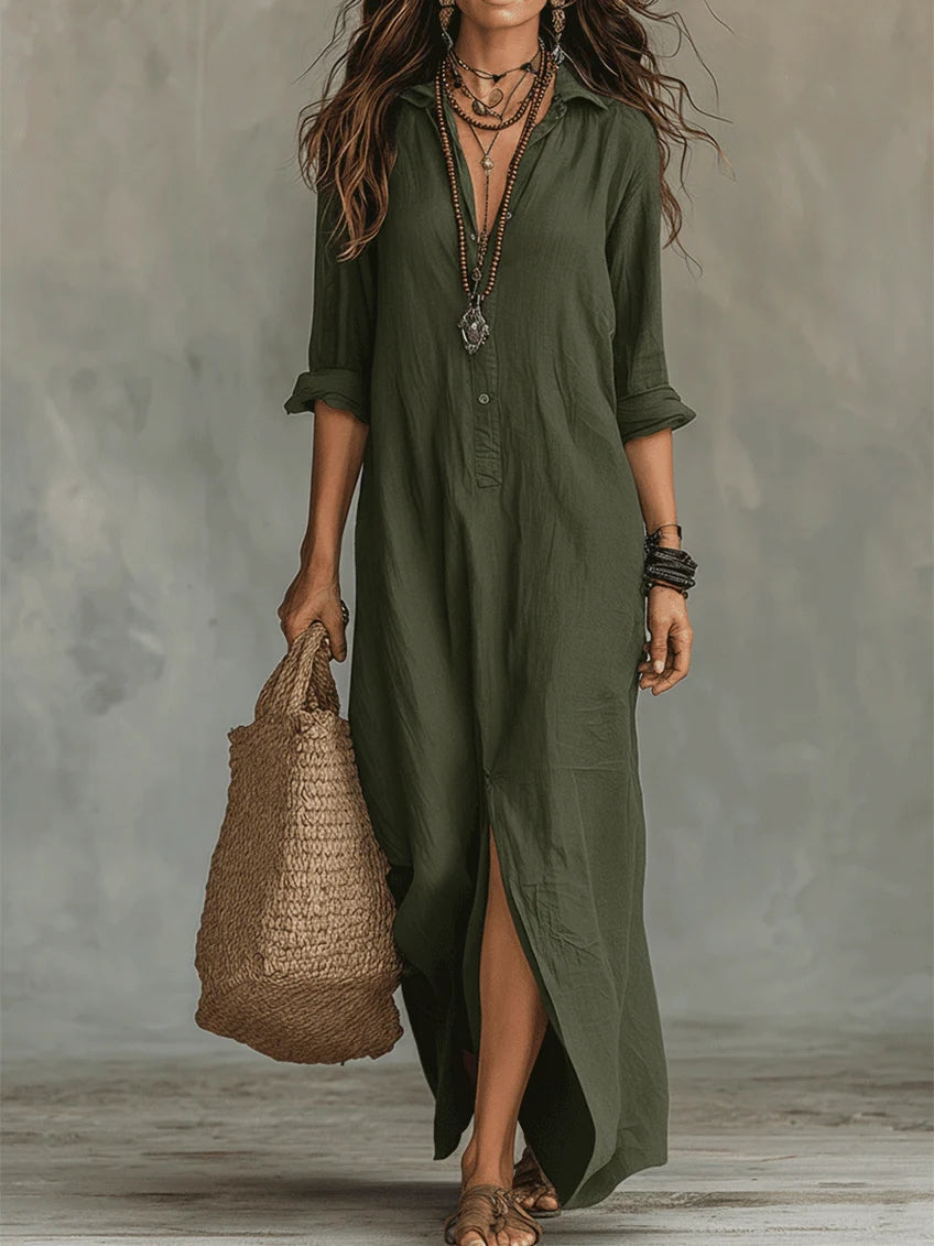 Soline™ | Vestido Maxi Botonero con Escote en V Relajado
