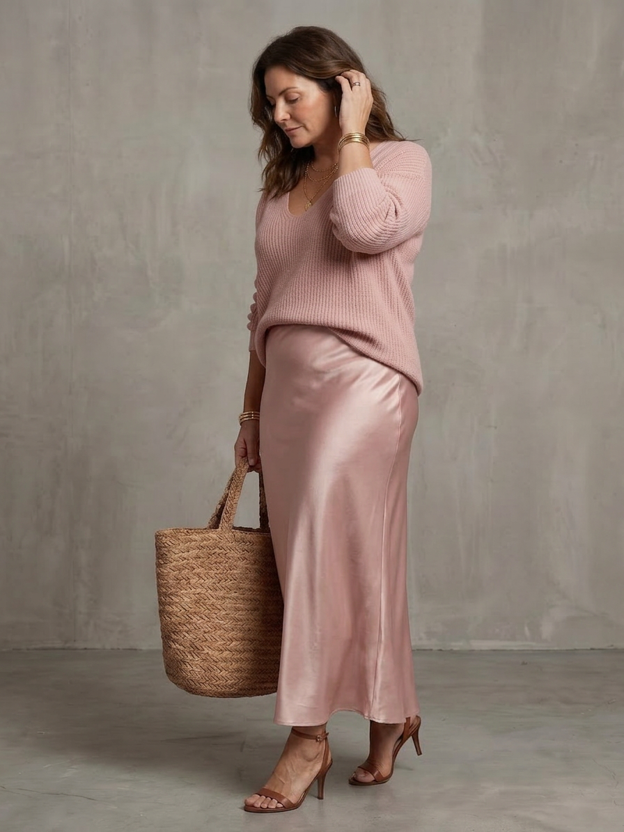Luciana | Conjunto Falda Satinada al Bies con Capa de Punto