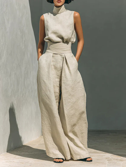 Flor™ | Conjunto minimalista de blusa sin mangas y pantalón de pernera ancha en algodón y lino para mujer