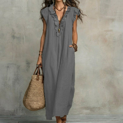 Josefina™  | Vestido largo con textura de lino con escote en pico y volantes