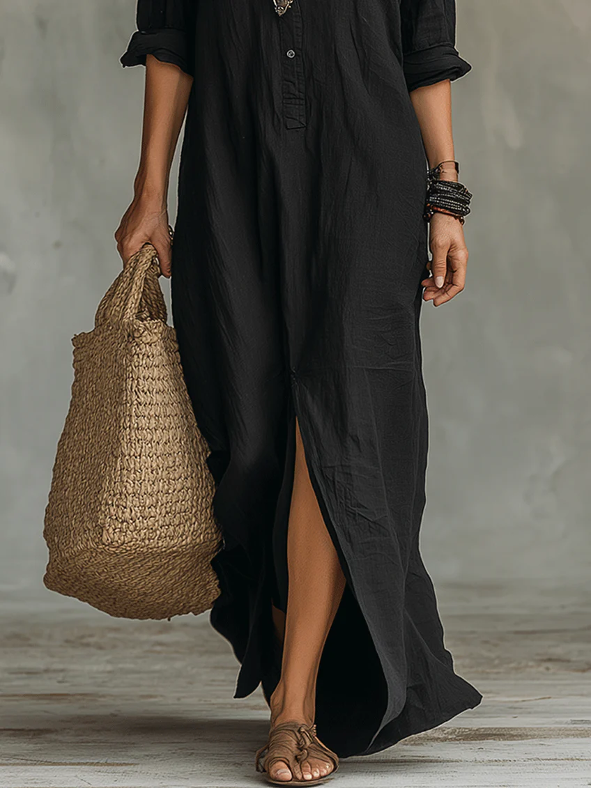 Soline™ | Vestido Maxi Botonero con Escote en V Relajado