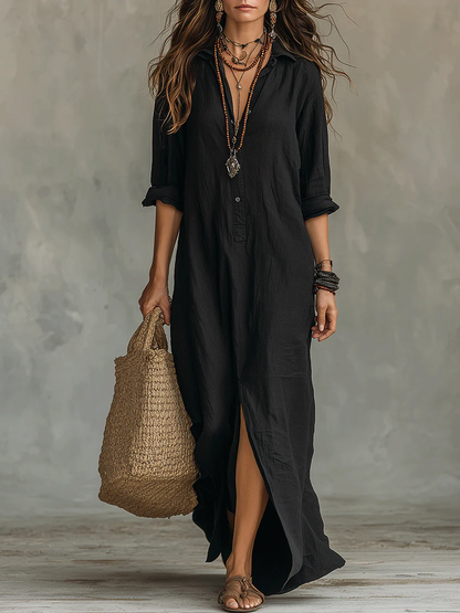 Soline™ | Vestido Maxi Botonero con Escote en V Relajado
