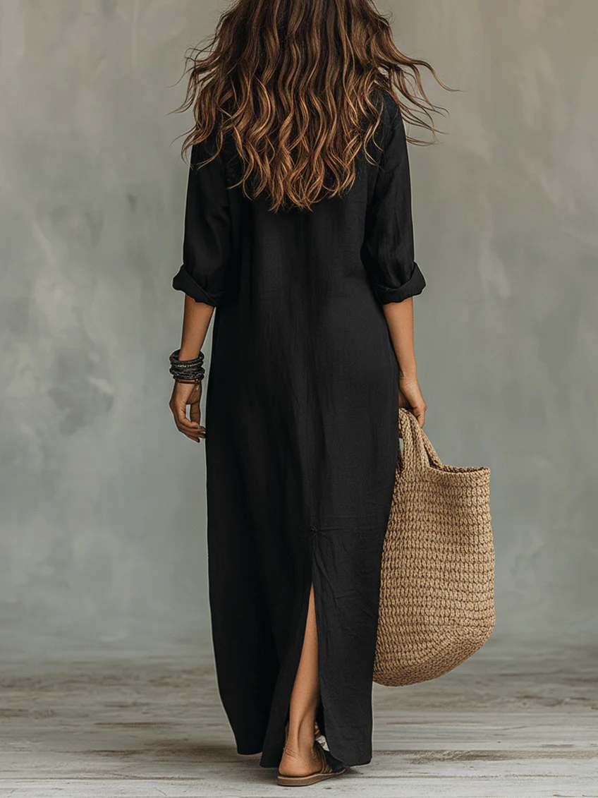 Soline™ | Vestido Maxi Botonero con Escote en V Relajado