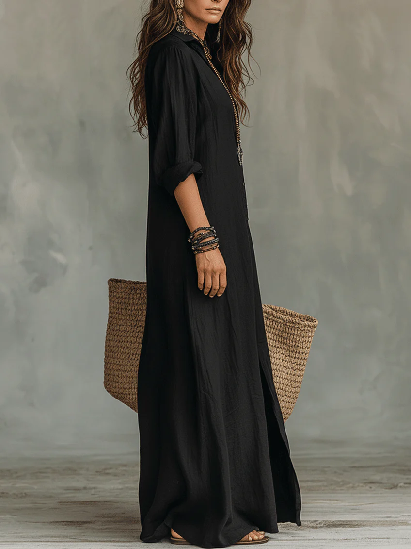 Soline™ | Vestido Maxi Botonero con Escote en V Relajado