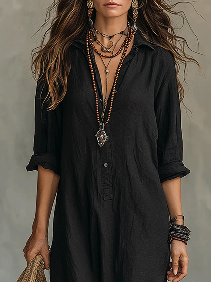 Soline™ | Vestido Maxi Botonero con Escote en V Relajado