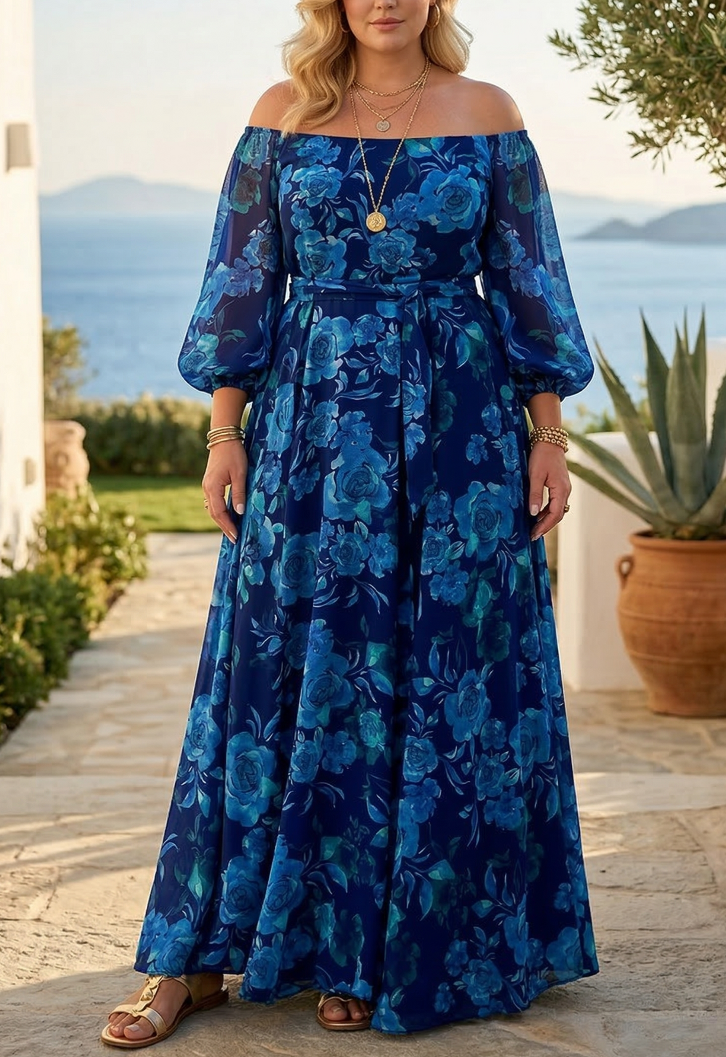 Francesca | Vestido Largo con Estampado Floral y Hombros Descubiertos